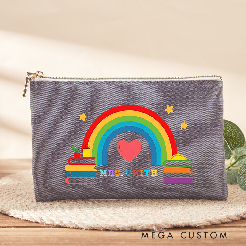 Personalized Teacher Makeup Bag Rainbow and Books Design Heartwarming Colors and Star Elements Cheerful Gift for Teachers