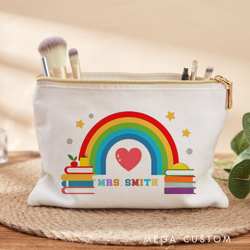 Personalized Teacher Makeup Bag Rainbow and Books Design Heartwarming Colors and Star Elements Cheerful Gift for Teachers