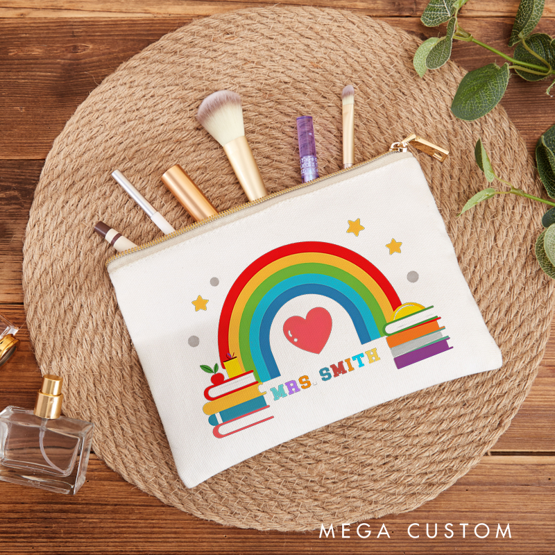 Personalized Teacher Makeup Bag Rainbow and Books Design Heartwarming Colors and Star Elements Cheerful Gift for Teachers