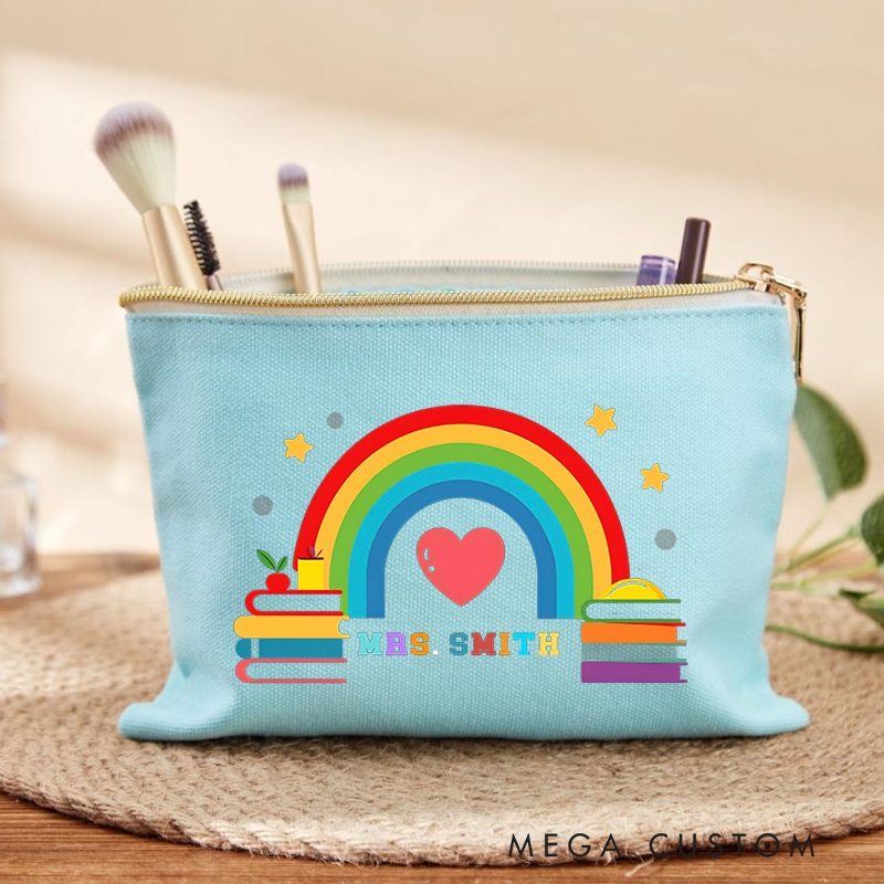 Personalized Teacher Makeup Bag Rainbow and Books Design Heartwarming Colors and Star Elements Cheerful Gift for Teachers