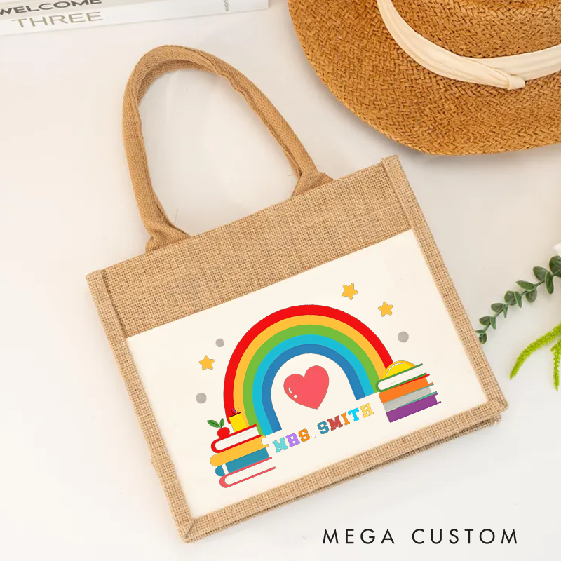 Personalized Teacher Burlap Tote Bag Rainbow and Books Design Heartwarming Colors and Star Cheerful Gift for Teachers