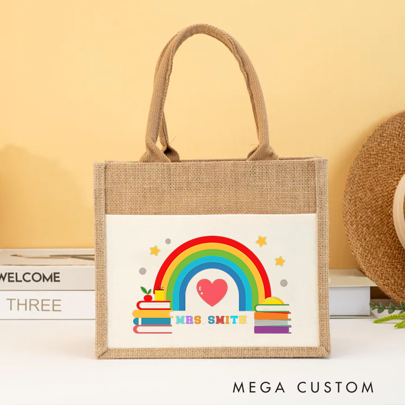 Personalized Teacher Burlap Tote Bag Rainbow and Books Design Heartwarming Colors and Star Cheerful Gift for Teachers