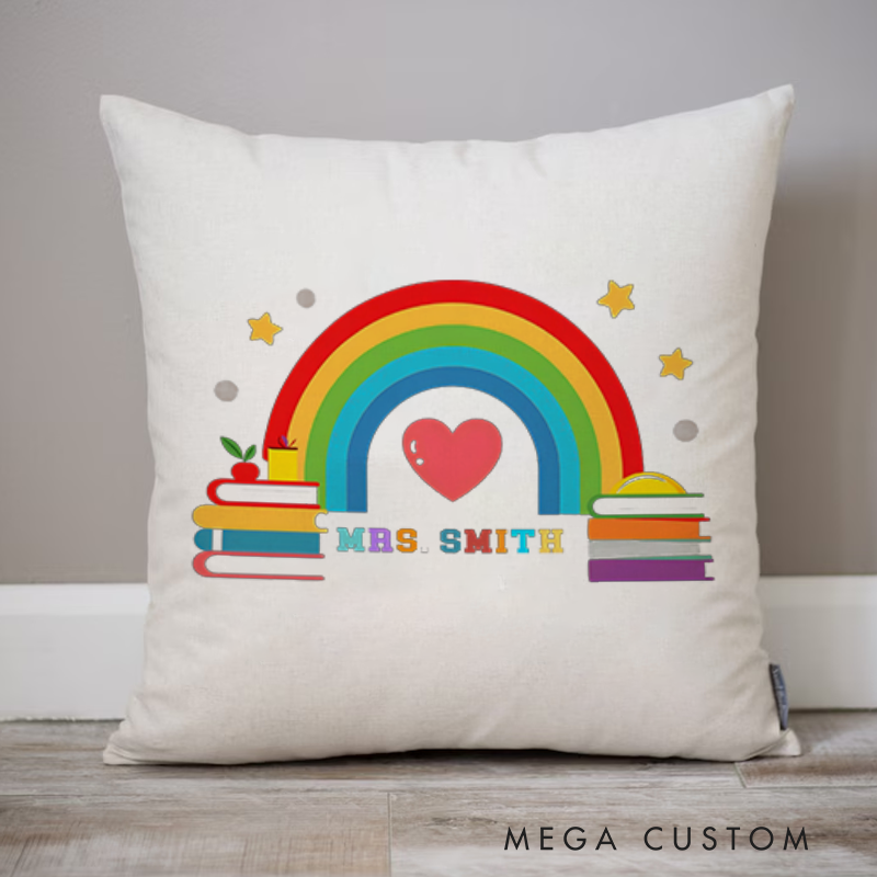 Personalized Teachers Throw Pillow Rainbow and Books Design Heartwarming Colors and Star Elements Cheerful Gift for Teachers