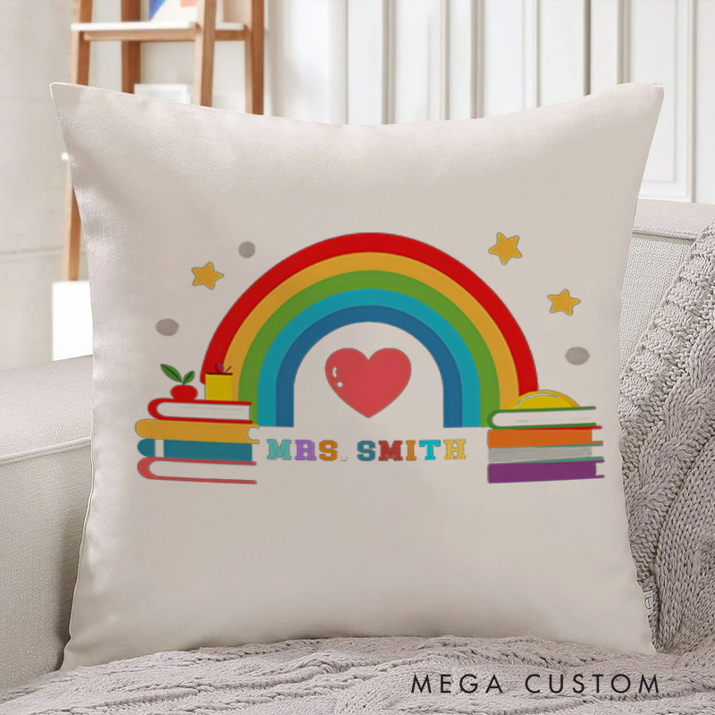 Personalized Teachers Throw Pillow Rainbow and Books Design Heartwarming Colors and Star Elements Cheerful Gift for Teachers