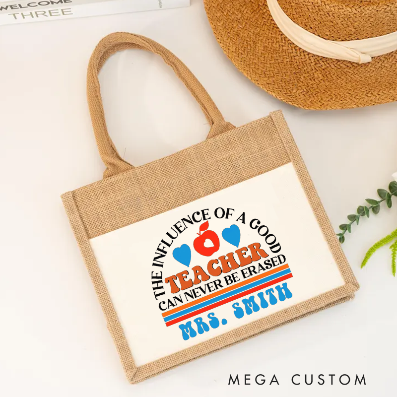 Personalized Teacher Burlap Tote Bag the Influence of a Good Teacher Apple and Heart Design Retro Style Gift for Teachers