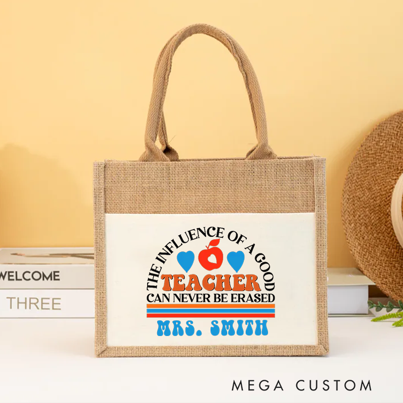Personalized Teacher Burlap Tote Bag the Influence of a Good Teacher Apple and Heart Design Retro Style Gift for Teachers
