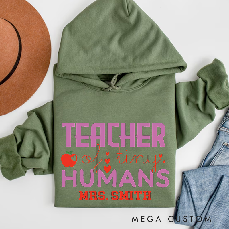 Personalized Hoodies Teacher of Tiny Humans Apple Heart Design Playful and Whimsical Style Gift for Teachers