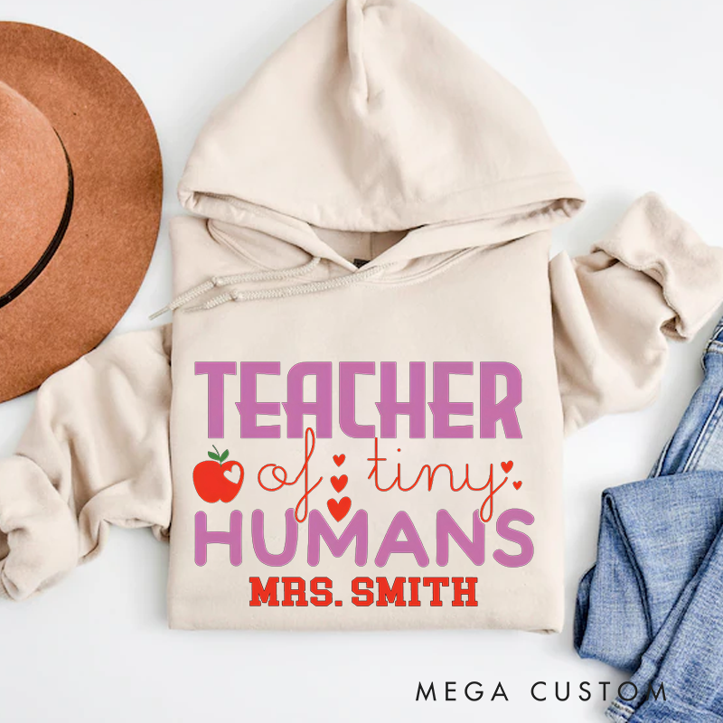 Personalized Hoodies Teacher of Tiny Humans Apple Heart Design Playful and Whimsical Style Gift for Teachers