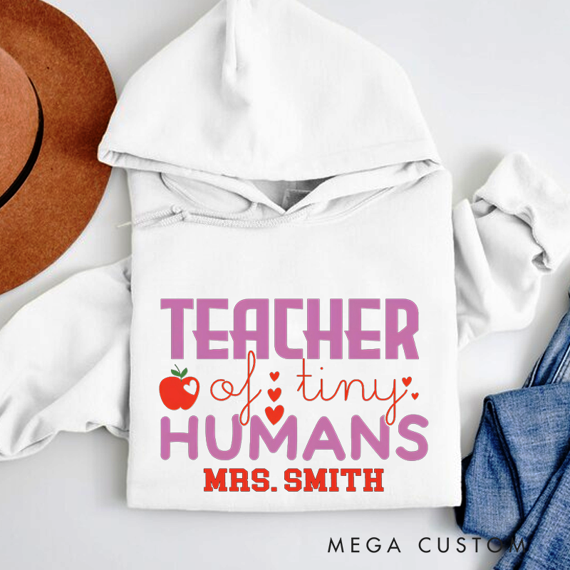 Personalized Hoodies Teacher of Tiny Humans Apple Heart Design Playful and Whimsical Style Gift for Teachers