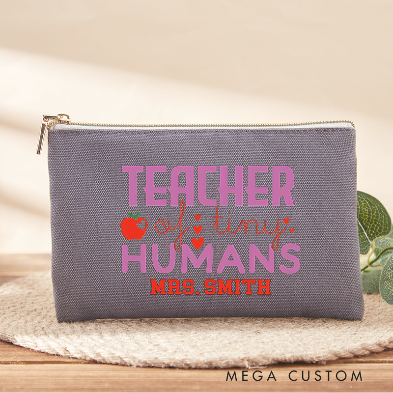 Personalized Makeup Bag Teacher of Tiny Humans Apple Heart Design Playful and Whimsical Style Gift for Teachers
