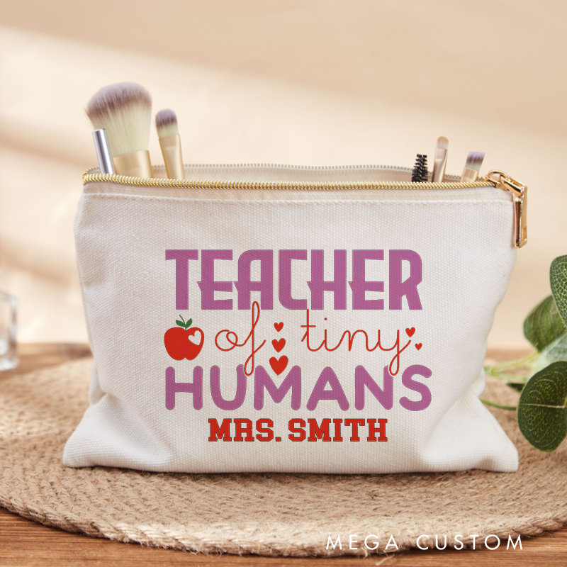 Personalized Makeup Bag Teacher of Tiny Humans Apple Heart Design Playful and Whimsical Style Gift for Teachers