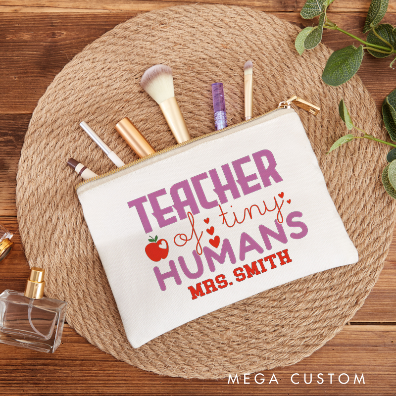 Personalized Makeup Bag Teacher of Tiny Humans Apple Heart Design Playful and Whimsical Style Gift for Teachers
