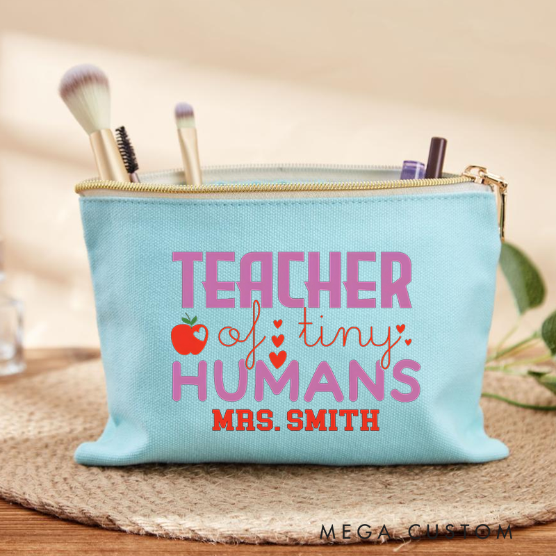 Personalized Makeup Bag Teacher of Tiny Humans Apple Heart Design Playful and Whimsical Style Gift for Teachers