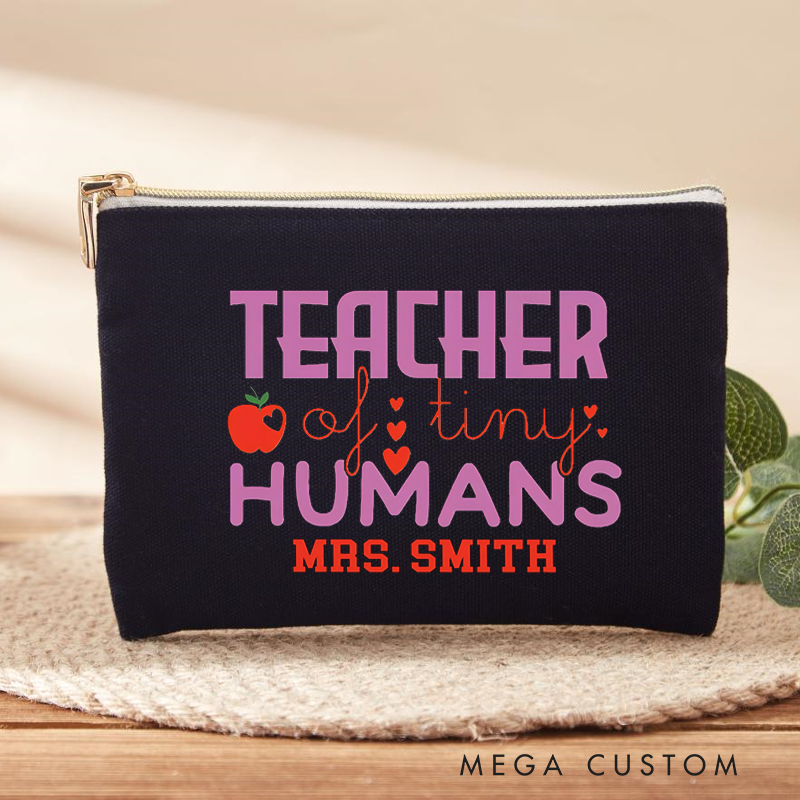 Personalized Makeup Bag Teacher of Tiny Humans Apple Heart Design Playful and Whimsical Style Gift for Teachers