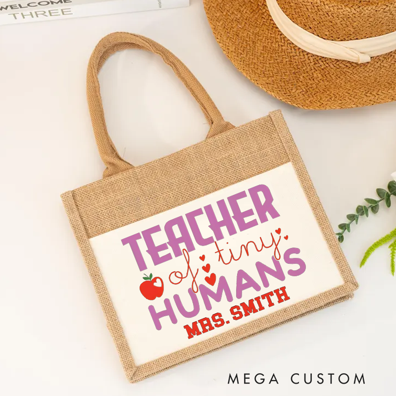 Personalized Teacher Burlap Tote Bag Teacher of Tiny Humans Apple Heart Design Playful and Whimsical Style Gift for Teachers