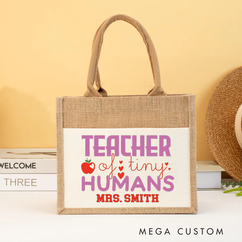 Personalized Teacher Burlap Tote Bag Teacher of Tiny Humans Apple Heart Design Playful and Whimsical Style Gift for Teachers