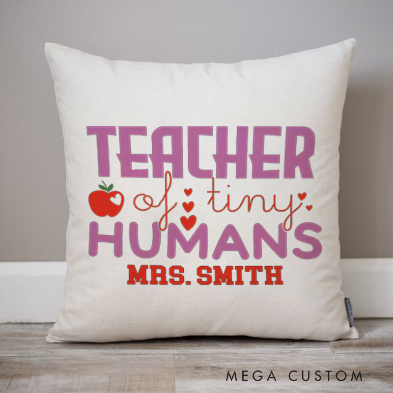 Personalized Teachers Throw Pillow Teacher of Tiny Humans Apple Heart Design Playful and Whimsical Style Gift for Teachers