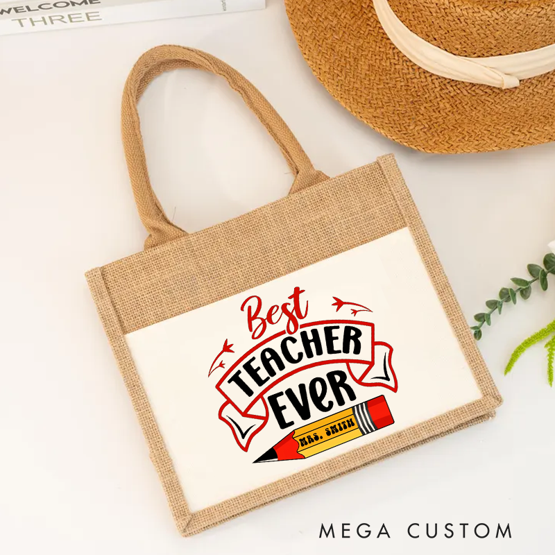 Personalized Teacher Burlap Tote Bag Best Teacher Ever Banner Pencil Design for Teachers