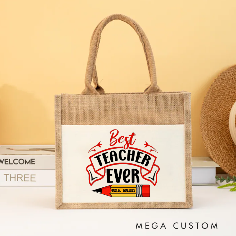 Personalized Teacher Burlap Tote Bag Best Teacher Ever Banner Pencil Design for Teachers