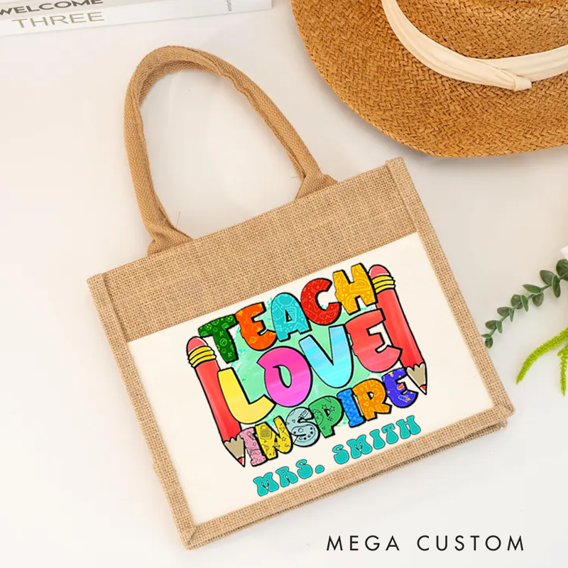 Personalized Teacher Burlap Tote Bag Teach Love Inspire Bright Watercolor Background and Fun Gift for Teachers