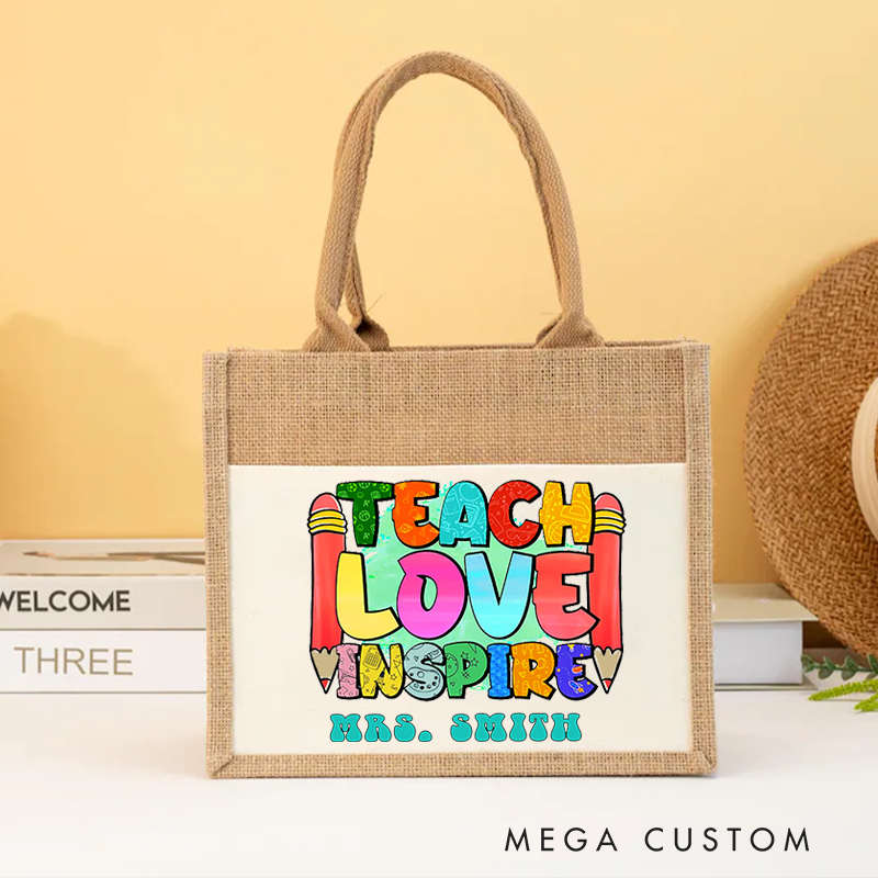 Personalized Teacher Burlap Tote Bag Teach Love Inspire Bright Watercolor Background and Fun Gift for Teachers