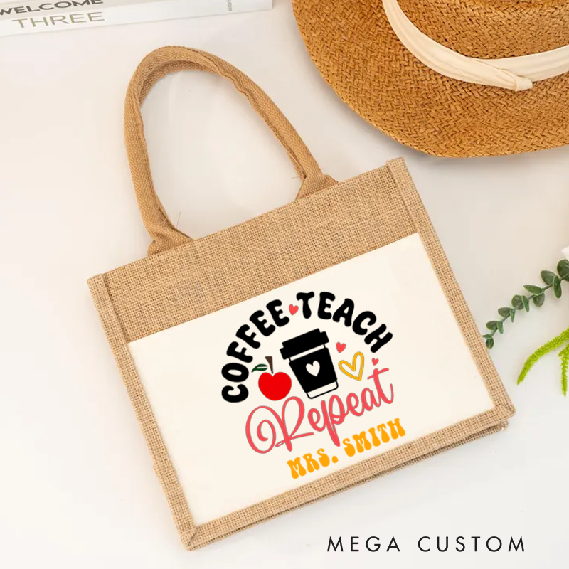 Personalized Teacher Burlap Tote Bag Coffee Teach Repeat Cute Design Gift for Teachers