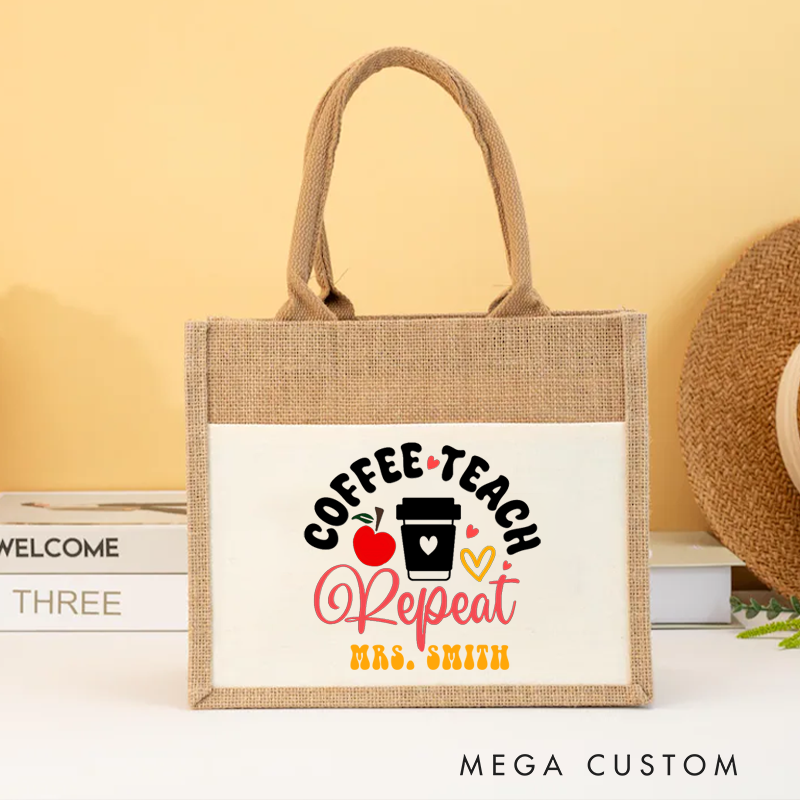 Personalized Teacher Burlap Tote Bag Coffee Teach Repeat Cute Design Gift for Teachers