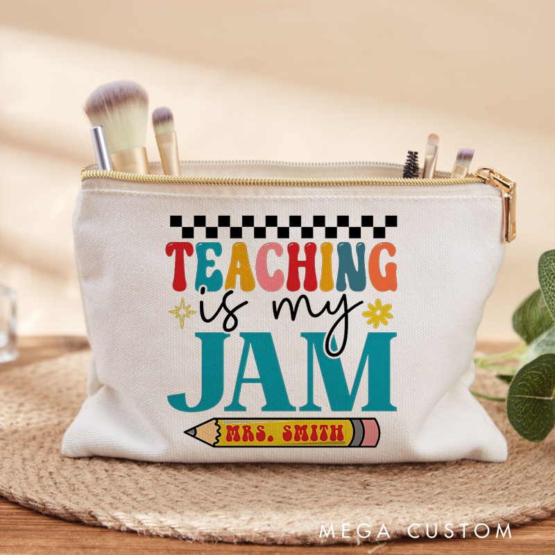 Personalized Teacher Makeup Bag Teaching Is My Jam Colorful Typography with Pencil and Checkerboard Accents Gift for Teachers