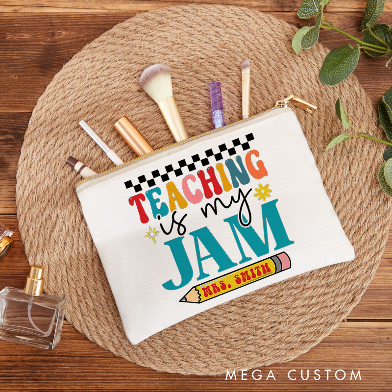 Personalized Teacher Makeup Bag Teaching Is My Jam Colorful Typography with Pencil and Checkerboard Accents Gift for Teachers