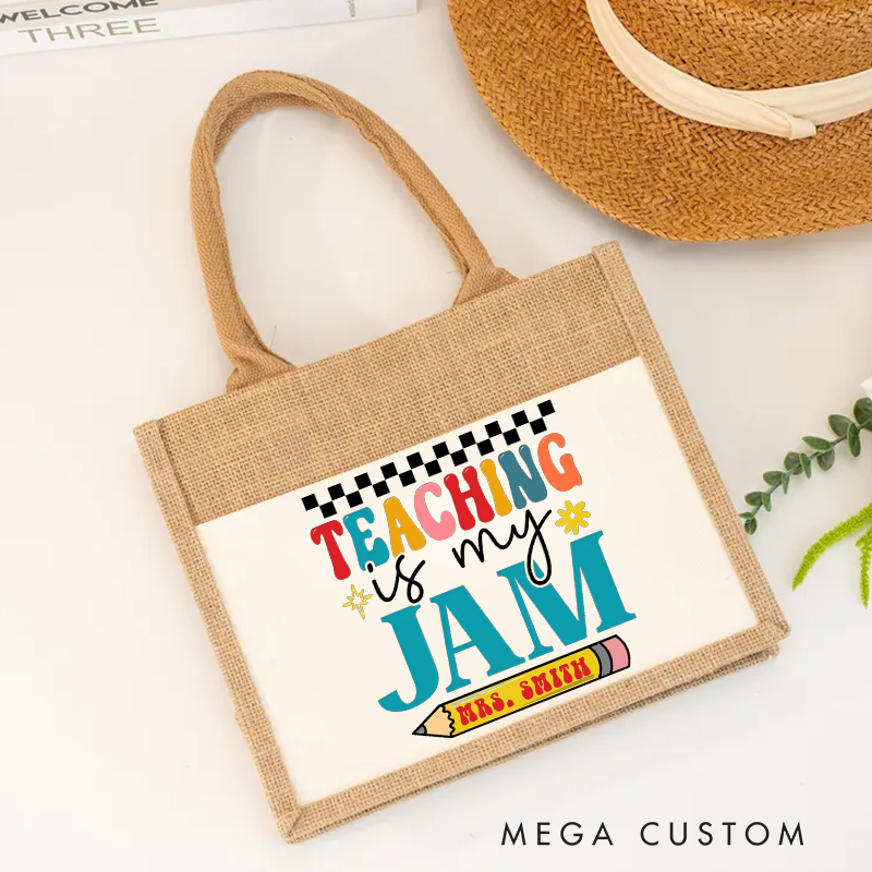 Personalized Teacher Burlap Tote Bag Teaching Is My Jam Colorful Typography with Pencil and Checkerboard Accents Gift for Teachers