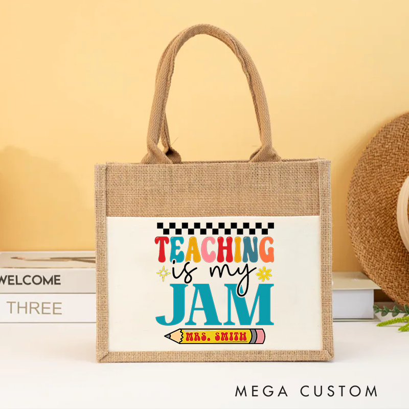 Personalized Teacher Burlap Tote Bag Teaching Is My Jam Colorful Typography with Pencil and Checkerboard Accents Gift for Teachers