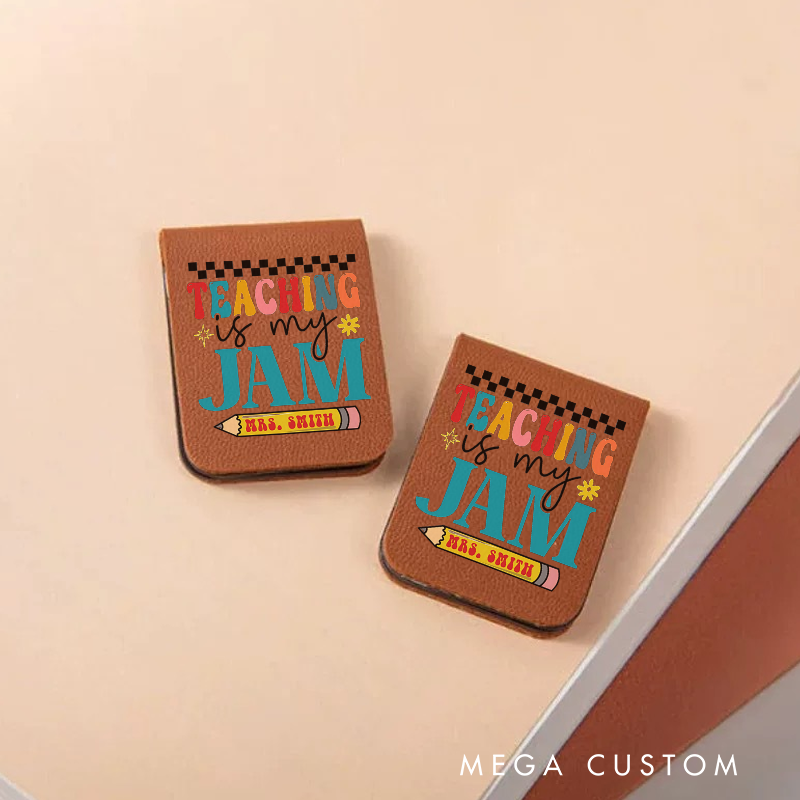 Personalized Teacher Leather Magnetic Bookmark Teaching Is My Jam Colorful Typography with Pencil and Checkerboard Accents Gift for Teachers