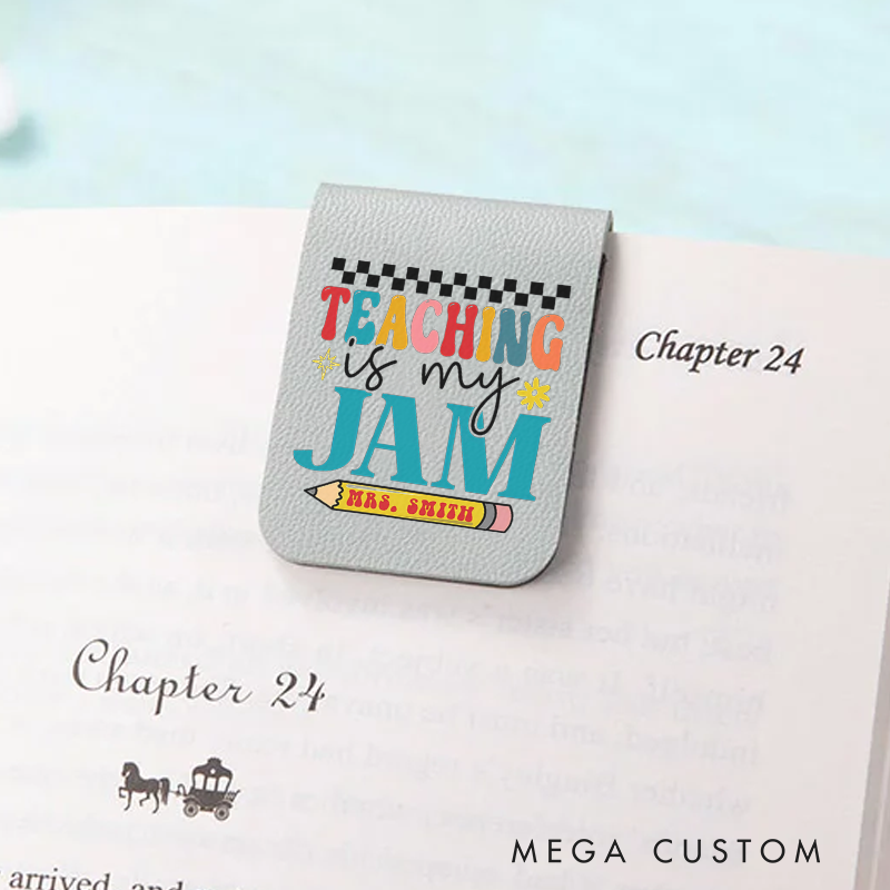 Personalized Teacher Leather Magnetic Bookmark Teaching Is My Jam Colorful Typography with Pencil and Checkerboard Accents Gift for Teachers