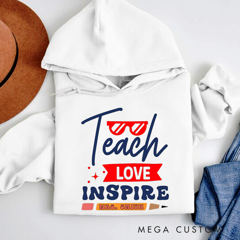 Personalized Teacher Hoodies Teach Love Inspire Red and Blue Theme with Glasses and Pencil Accents Gift for Teachers