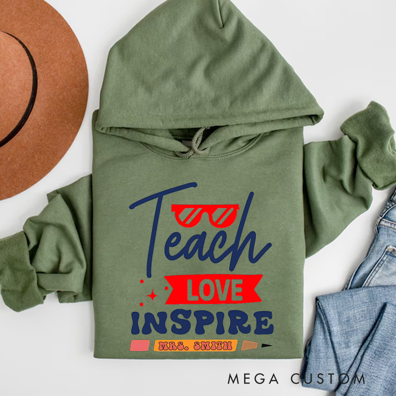 Personalized Teacher Hoodies Teach Love Inspire Red and Blue Theme with Glasses and Pencil Accents Gift for Teachers