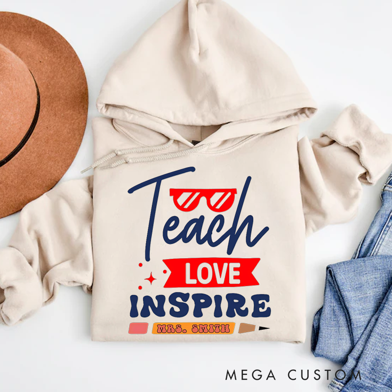 Personalized Teacher Hoodies Teach Love Inspire Red and Blue Theme with Glasses and Pencil Accents Gift for Teachers
