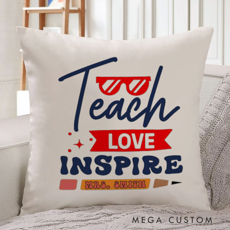 Personalized Teachers Throw Pillow Teach Love Inspire Red and Blue Theme with Glasses and Pencil Accents Gift for Teachers