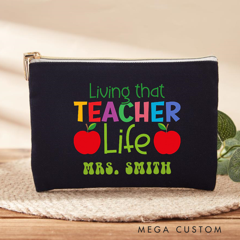 Personalized Teacher Makeup Bag Living That Teacher Life Bright Colors with Apple Accents Gift for Teachers