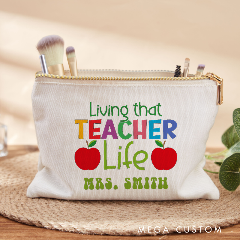Personalized Teacher Makeup Bag Living That Teacher Life Bright Colors with Apple Accents Gift for Teachers