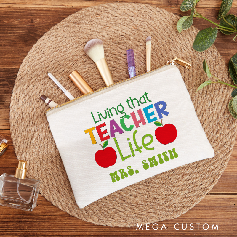 Personalized Teacher Makeup Bag Living That Teacher Life Bright Colors with Apple Accents Gift for Teachers