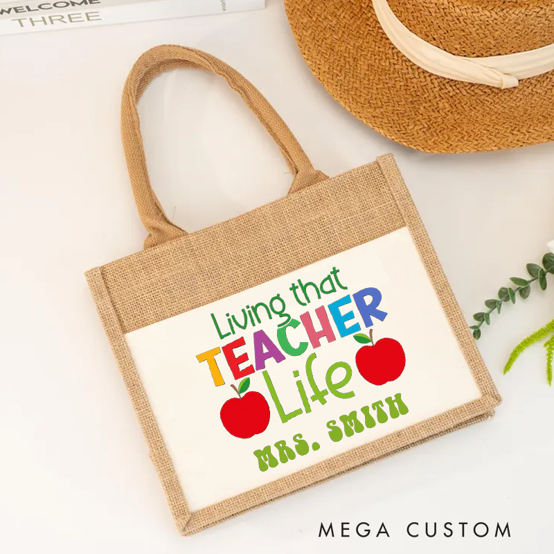 Personalized Burlap Tote Bag Living That Teacher Life Bright Colors with Apple Accents Gift for Teachers
