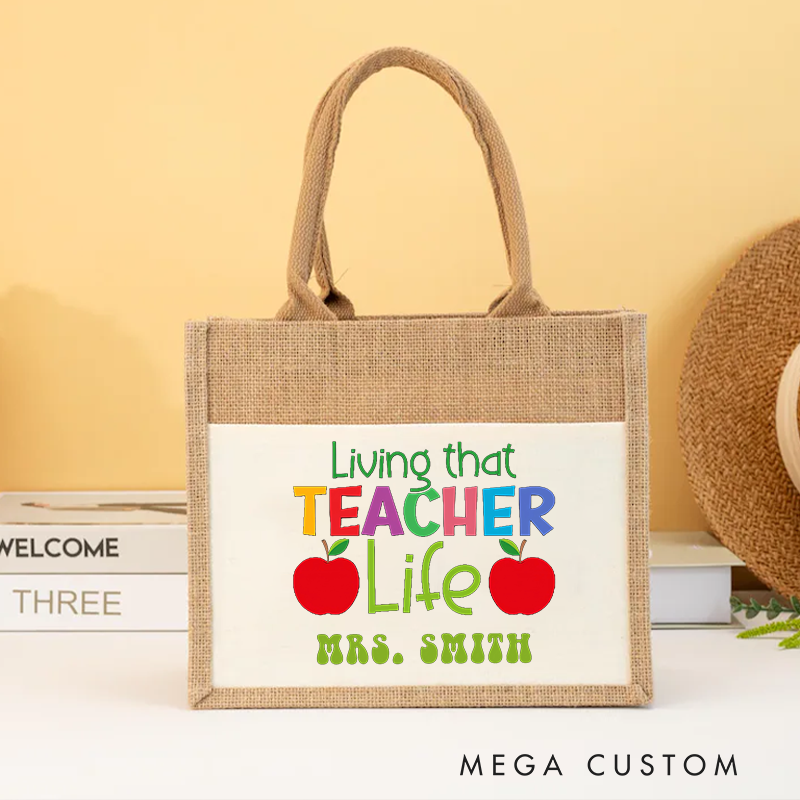 Personalized Burlap Tote Bag Living That Teacher Life Bright Colors with Apple Accents Gift for Teachers