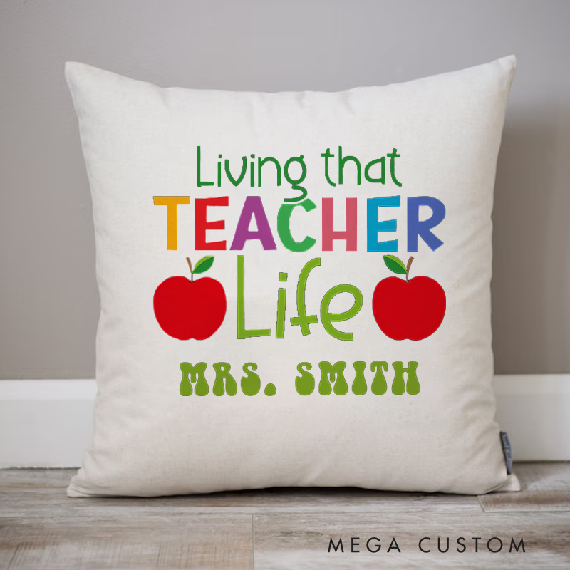 Personalized Teachers Throw Pillow Living That Teacher Life Bright Colors with Apple Accents Gift for Teachers