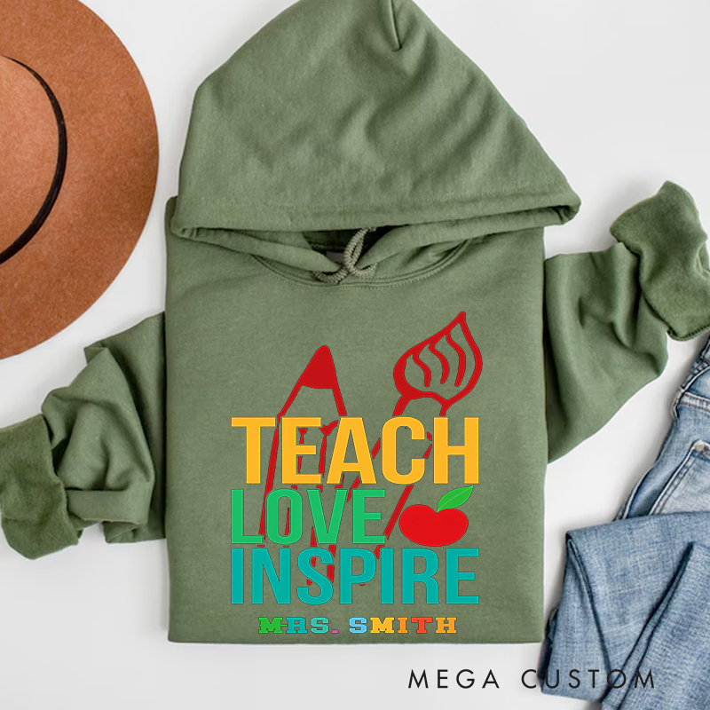 Personalized Teachers Hoodies Teach Love Inspire Apple Pencil Motif with Bright Colors Gift for Teachers