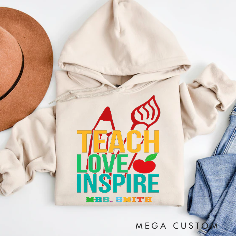 Personalized Teachers Hoodies Teach Love Inspire Apple Pencil Motif with Bright Colors Gift for Teachers