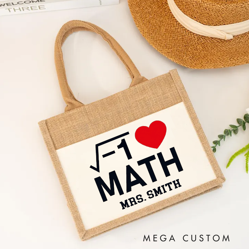 Personalized Teacher Burlap Tote Bag I Love Math Creative Design with Square Root and Heart Symbol Gift for Math Teachers