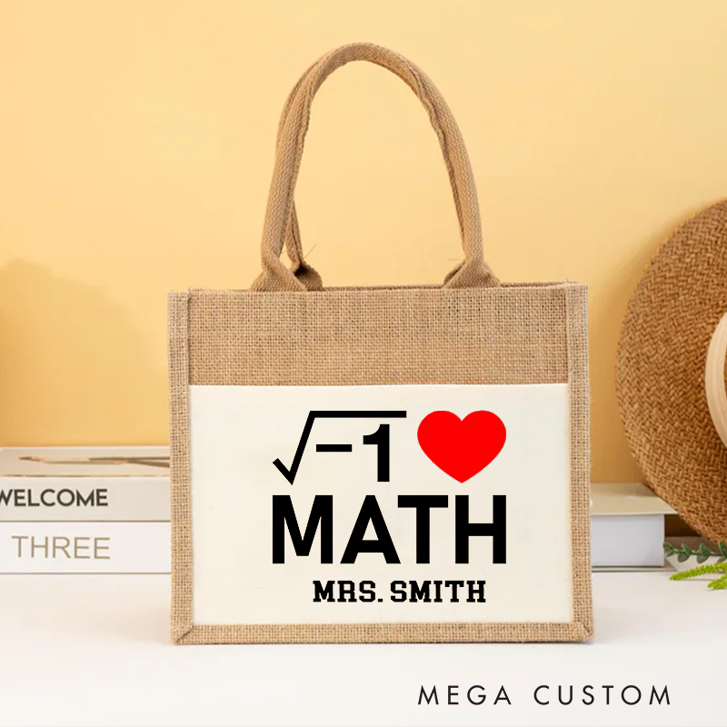 Personalized Teacher Burlap Tote Bag I Love Math Creative Design with Square Root and Heart Symbol Gift for Math Teachers