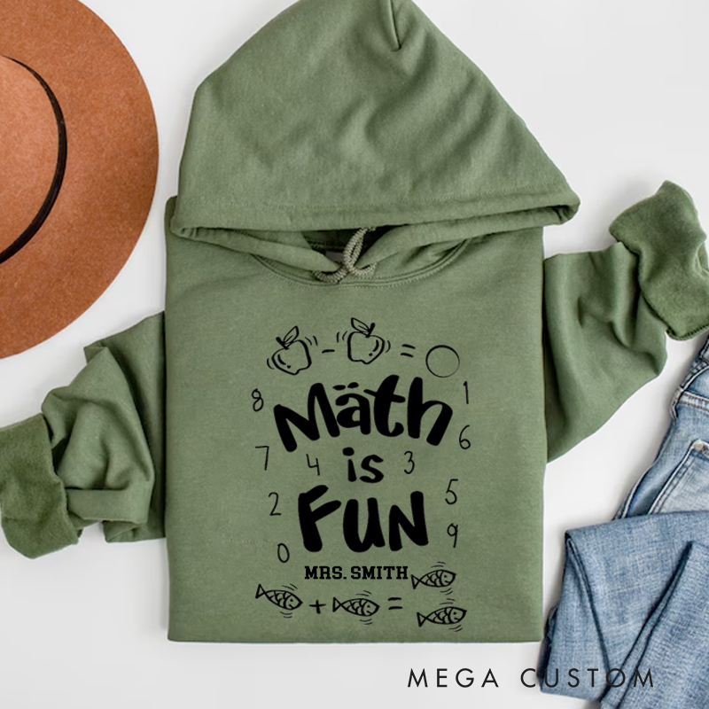 Personalized Teachers Hoodies Math Is Fun Playful Design with Numbers Apples Fish Motif Gift for Teachers