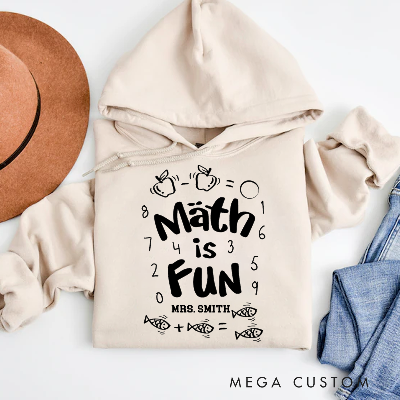 Personalized Teachers Hoodies Math Is Fun Playful Design with Numbers Apples Fish Motif Gift for Teachers