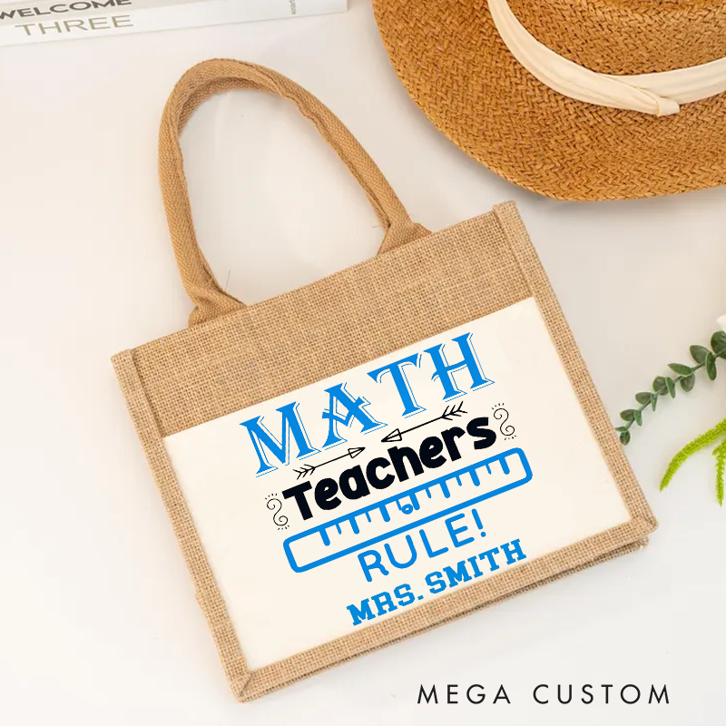 Personalized Teacher Burlap Tote Bag Math Teachers Rule Enthusiastic Gift for Teachers